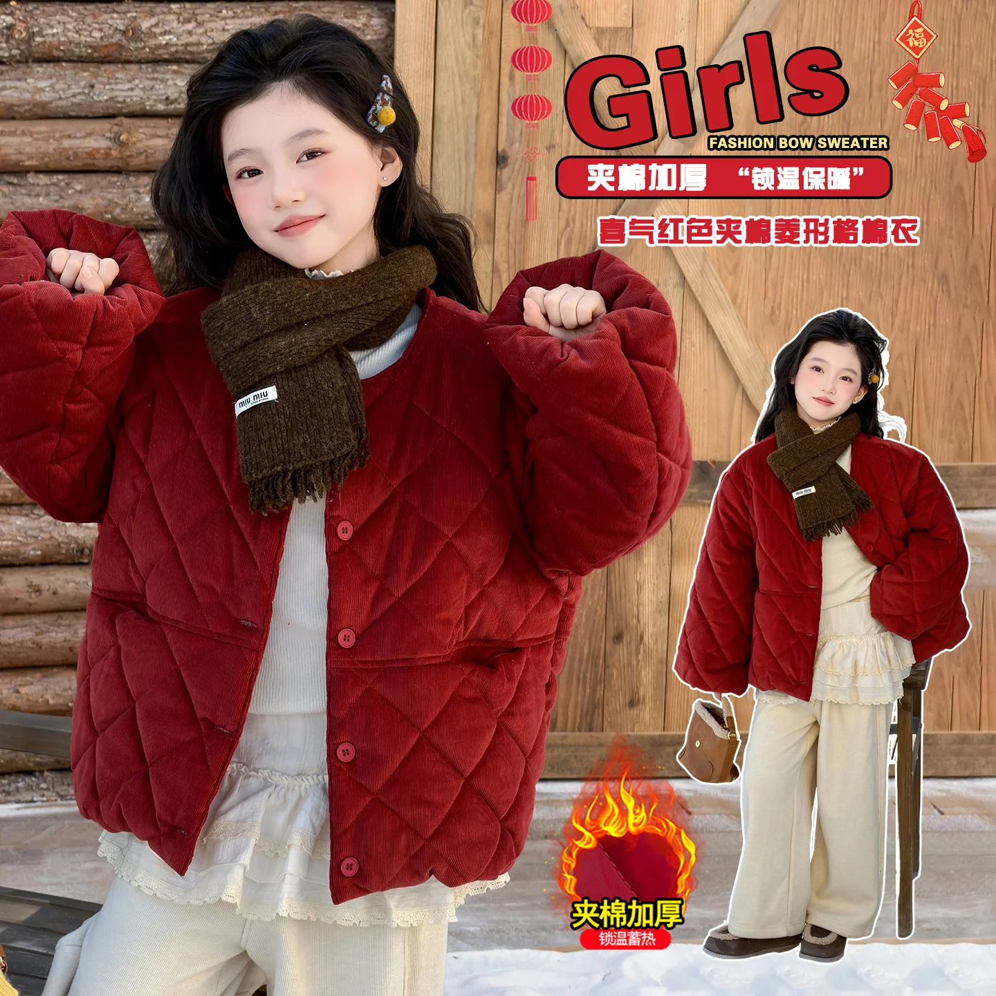 

2025 Winter New Elegant Girl's Wear Red Velvet Round Neck Quilted Long Sleeve Cotton Jacket Teen Child Warm Casual Coat Age 4-14