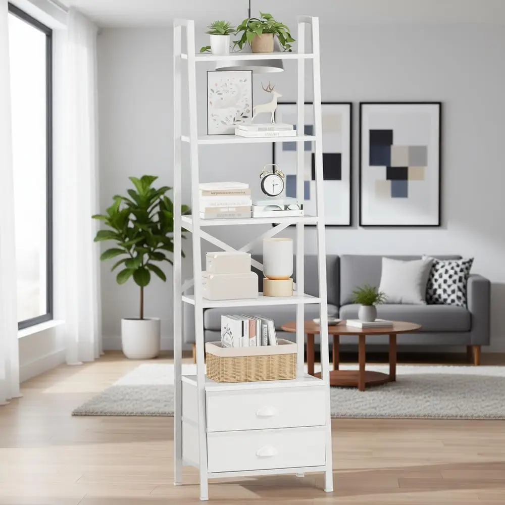 

5-Tier Ladder Bookshelf with 2 Drawers, Narrow Storage Shelves, Industrial Style Metal and Wood Bookcase for Bedroom, Living Roo