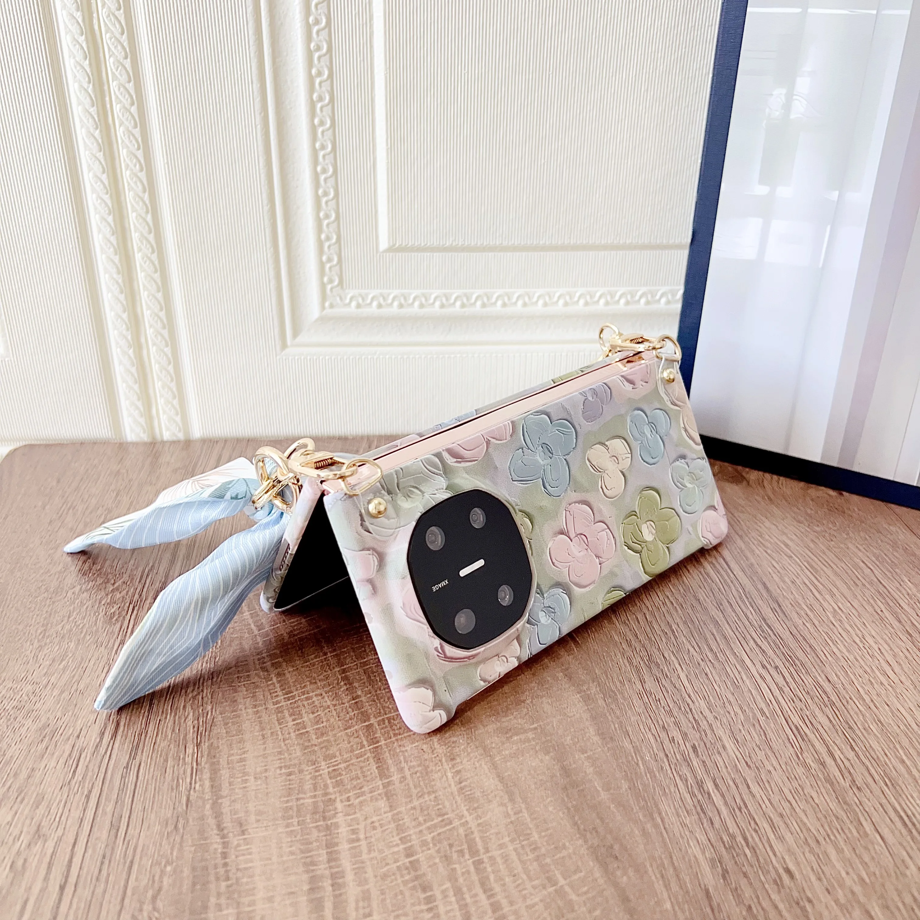 Case For Huawei Mate X6 X5 X3 Fresh flowers Painted Embossed feel Wrist Strap Shockproof Hard PC Cover Capa Shell view 5