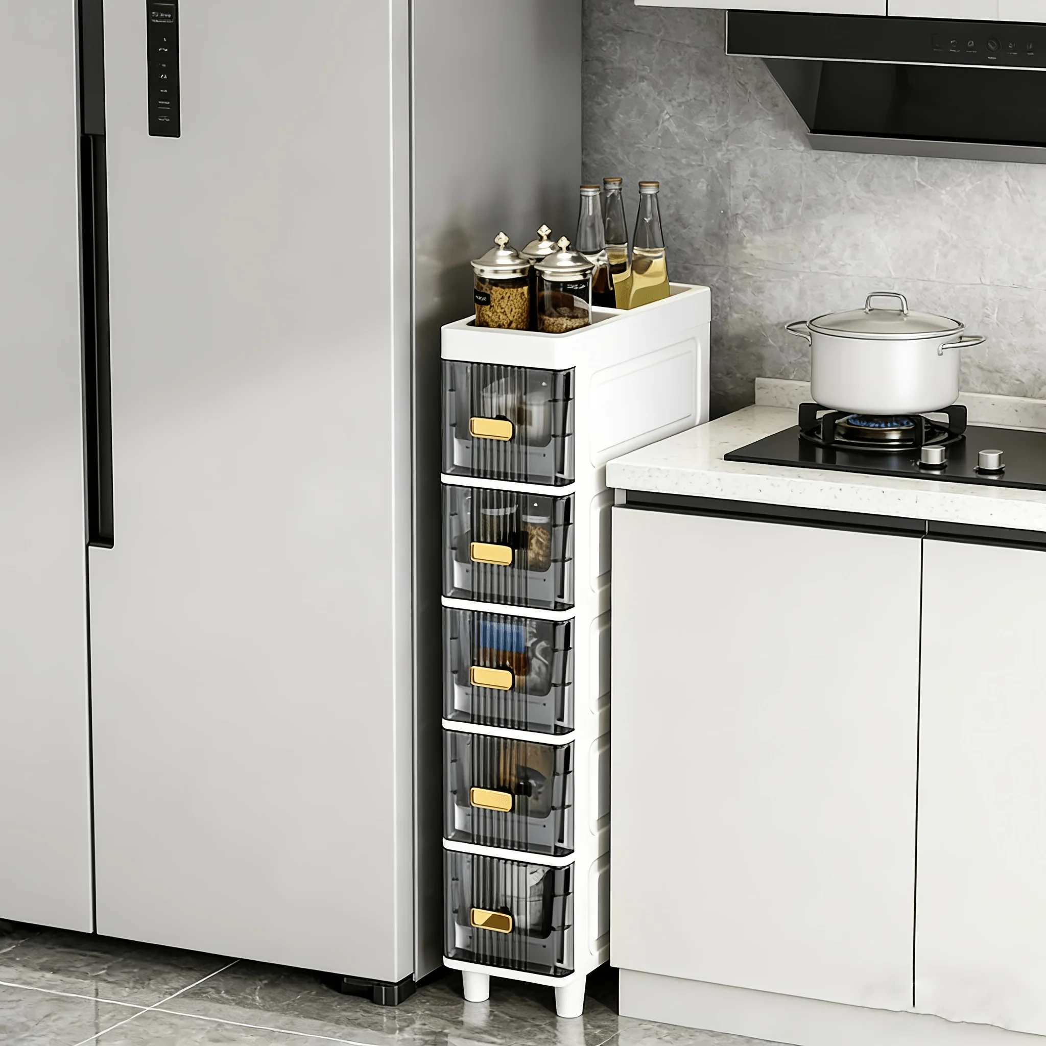 

Узкий пластиковый органайзер для ванной комнаты с 5 выдвижными ящиками, компактная передвижная тумба для экономии места в малогабаритных помещениях