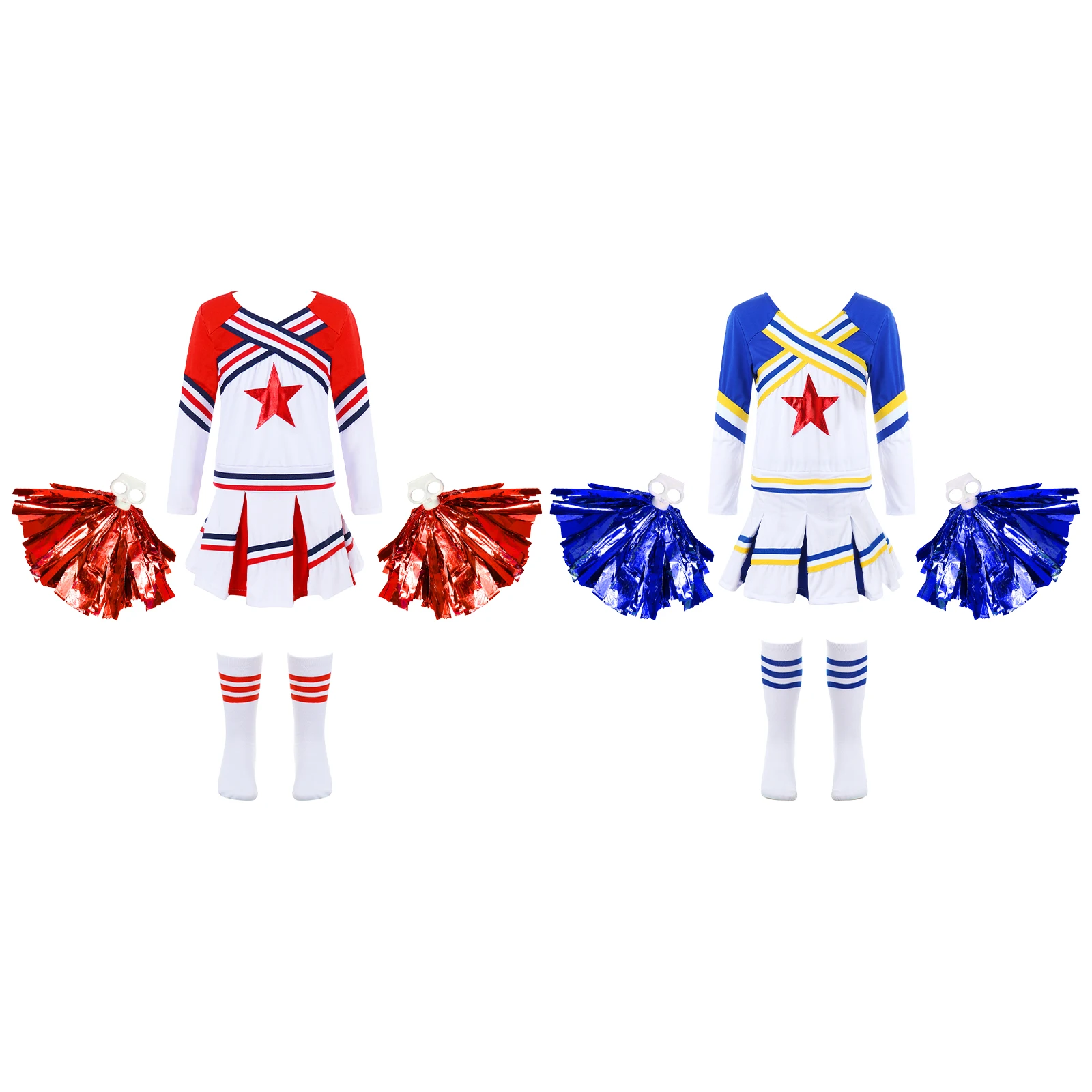 Cheer Leader Trajes para meninas, mangas compridas, uniformes de torcida, Cheer Dance Outfits com meias, Pom Poms Set