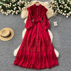 French Series Ruffle Hollow Out Lace Spliced Stand Collar Bandage Long Dress Women's French Waist Single Breasted Sweet Dresses