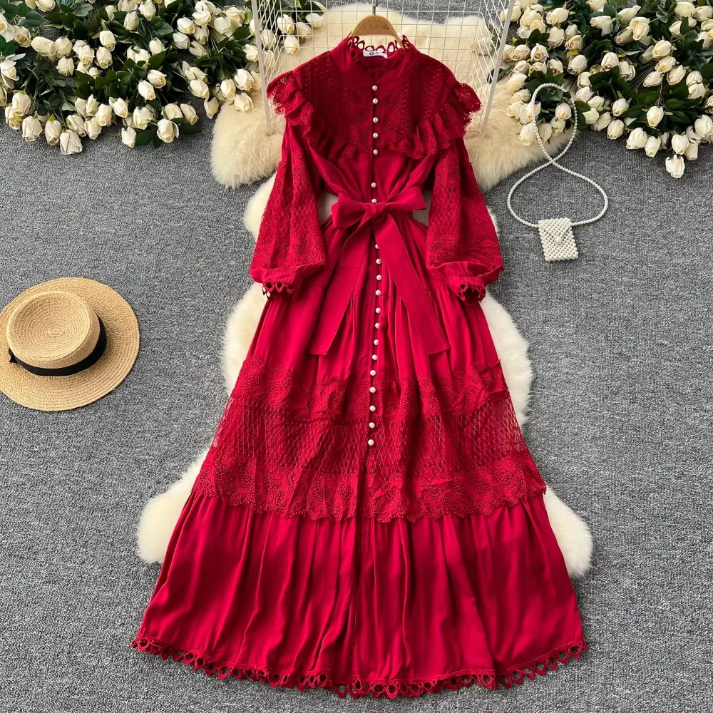 Francuska seria Ruffle Hollow Out Lace Spliced Stand Collar Bandage Długa sukienka damska French Waist Single Breasted Sweet Dresses