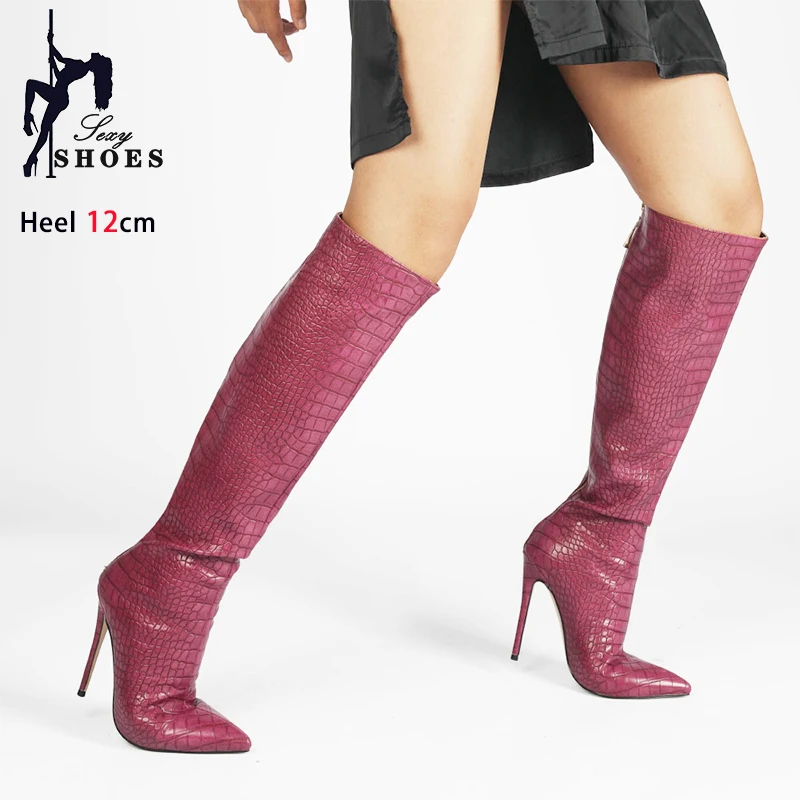

2026 New Fashion Snake Pattern Knee High Boots Women's Winter Shoes PU Leather Female 12CM Stiletto High Heels Long Botas Mujer