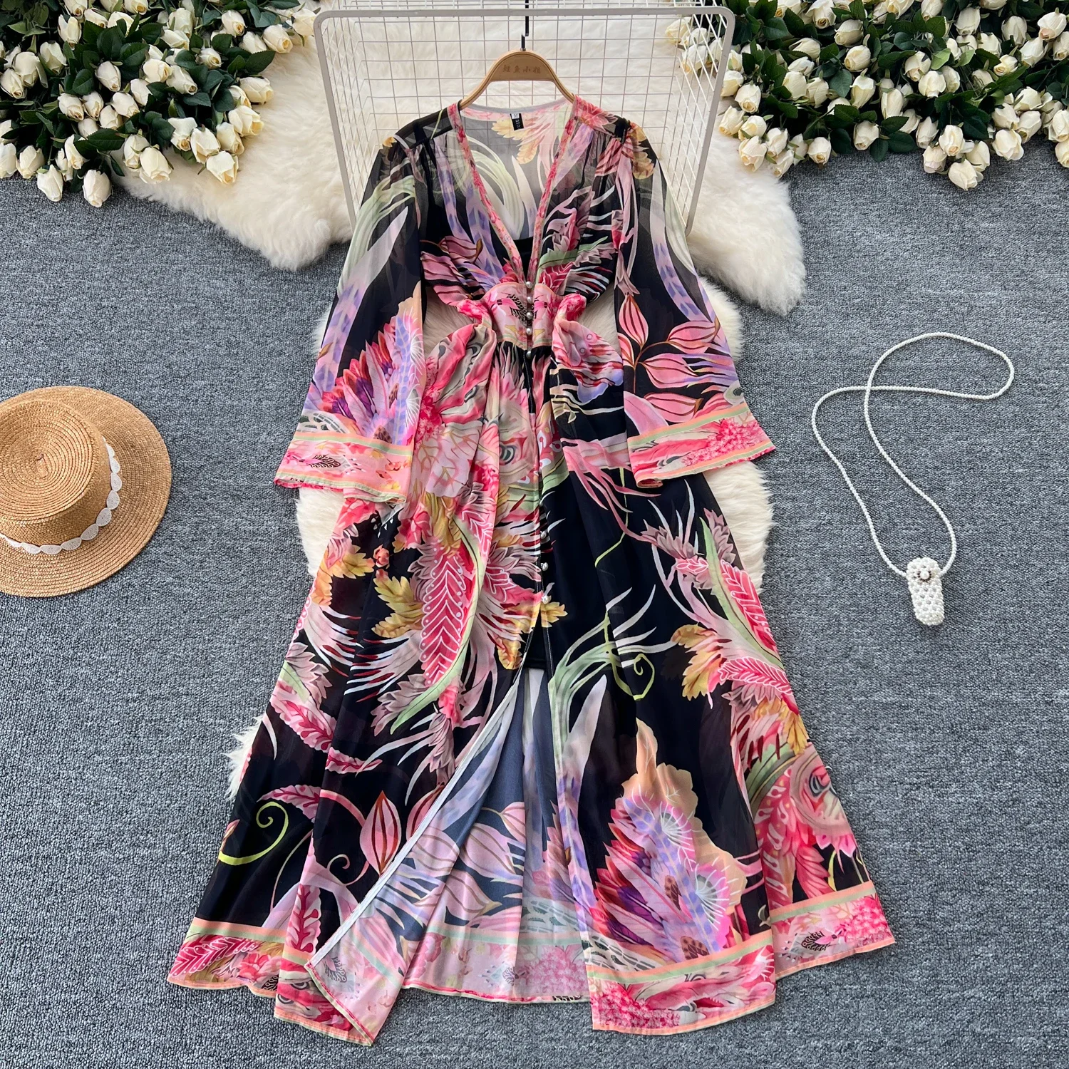 Sexy Chic V Neck Flare Long Sleeve Print Split Dress Elegant Korean Fashion Slim Summer Vintage Dresses