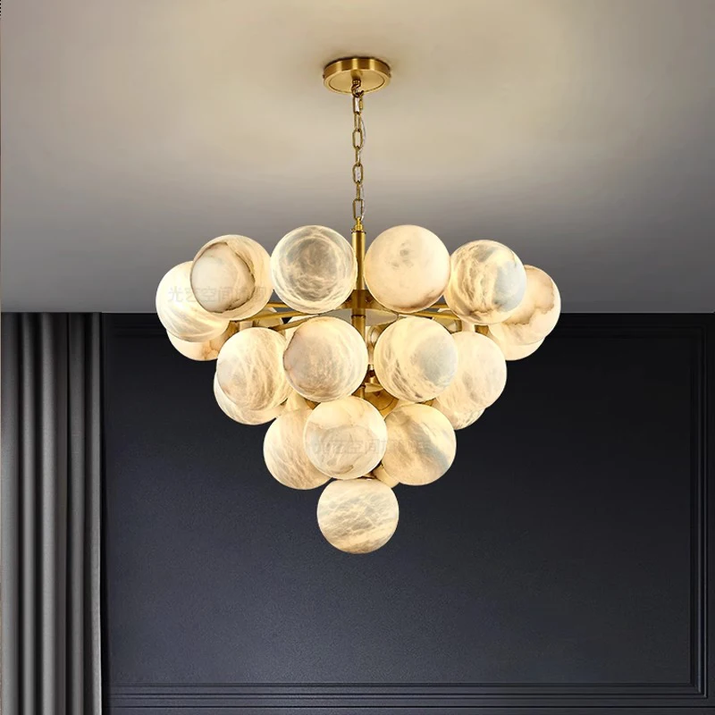 Luxury Natural Spanish Marble Balls Chandeliers Gold First Class Stone Hanging Lamps for Villa Duplex