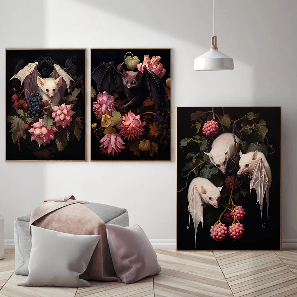 Frameless Canvas Painting Dark Academia Plant Flower Animal Moth Fox Albino Fruit Bats Hare Poster Canvas Printing Moody Goth Vi