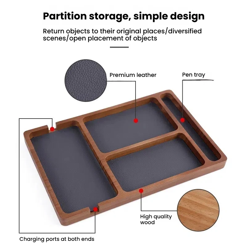 

Solid Wood Desktop Organizer Tray with Compartments for Home Office Mobile Phone and Headphone Debris Storage Partition