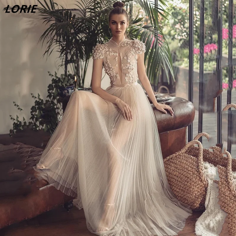 LORIE Sexy Modern Fashion Wedding Dresses High Neck Short Sleeves 3D Flowers Boho Bridal Gowns Women A-Line Ribbons Bride Dress