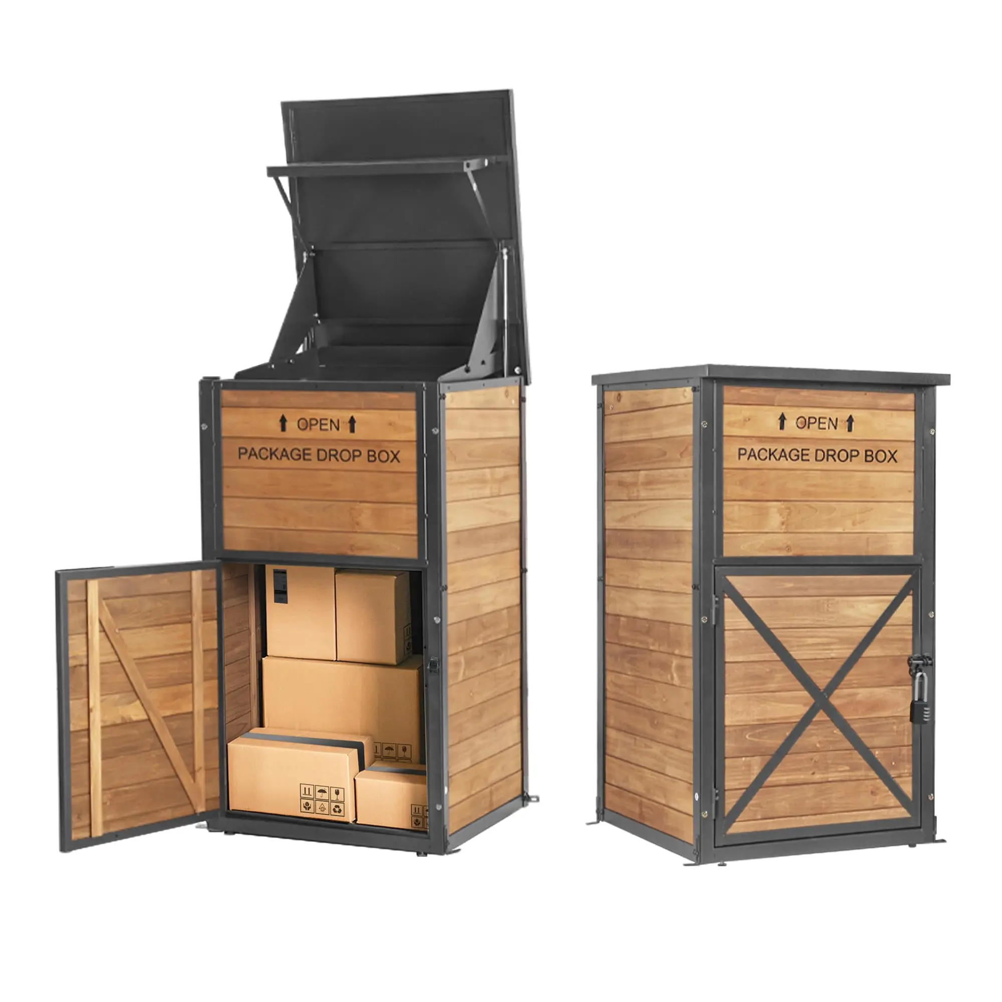 Package Delivery Boxes for Outside, Anti-Theft & Weatherproof Solid Wood with Iron Frame, Parcel Drop Box with