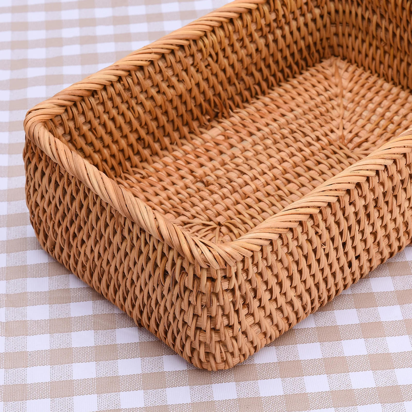 Manual Rectangular Weaving Rattan Wicker Basket Fruit Snacks Tray Bread Hand-knitted Box Portable Picnic Storage Box