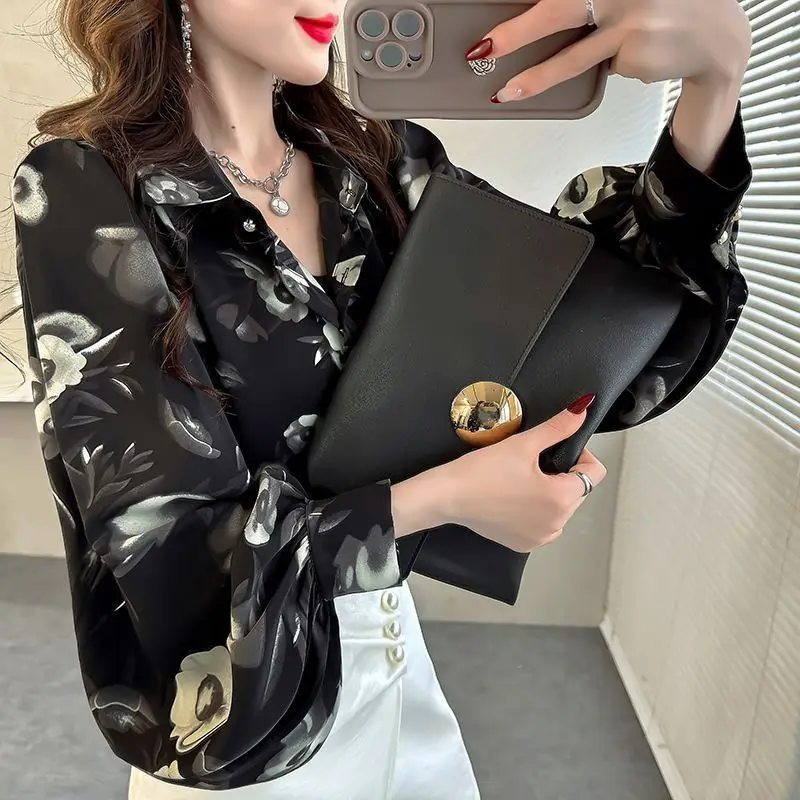 Autumn Women\'s Vintage Floral Print Button Up Shirt Office Lady Lapel Elegant Chiffon Blouse Chic Lantern Long Sleeve Loose Tops