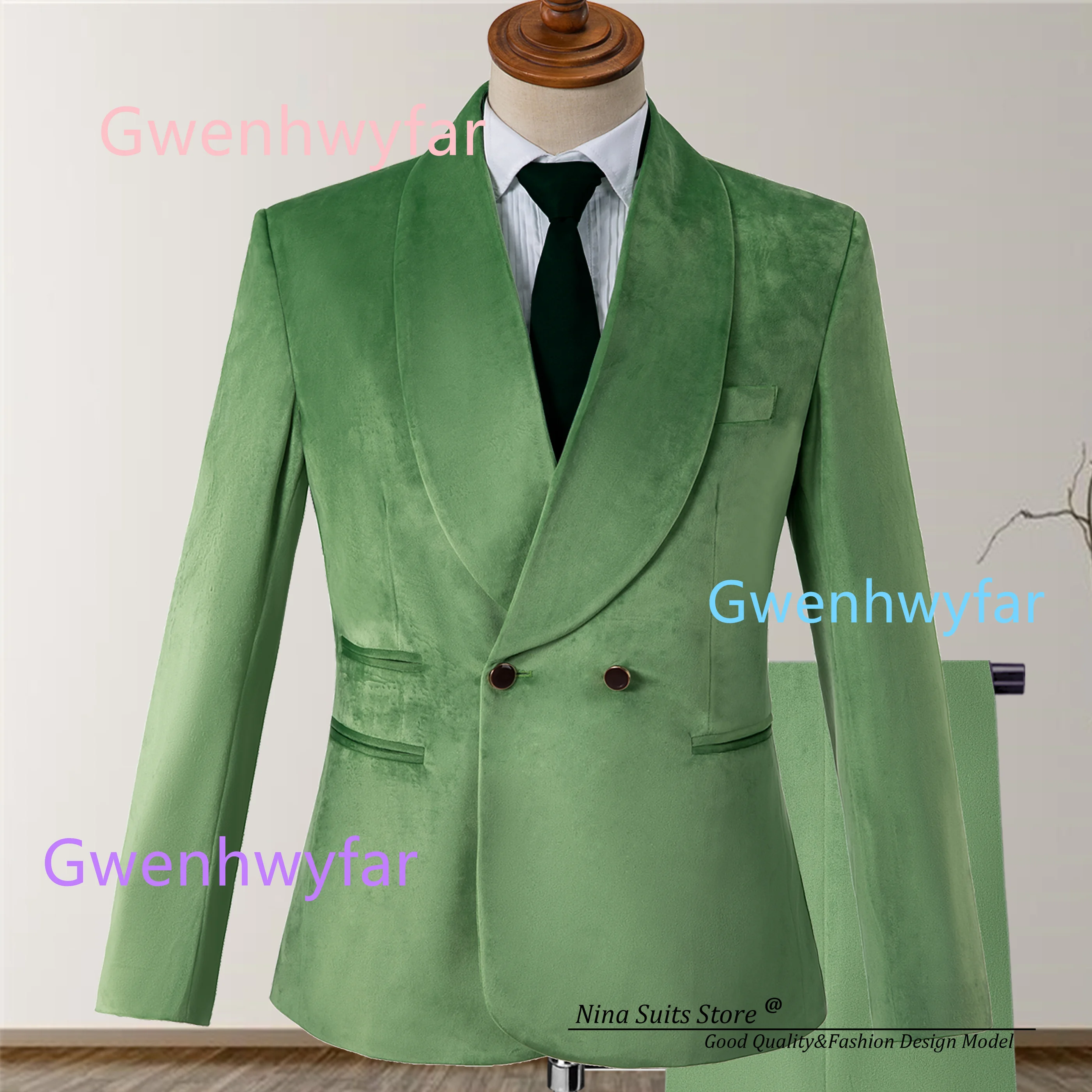 

G&N Young Men's 2026 New Green Velvet Evening Gown 3-piece set Double Breasted Shawl Lapel Jacket U-neck Vest Slim Pants