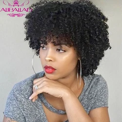 Pixie Curly Human Hair Wigs With Bangs Machine Made Real Human Hair Wigs Brazilian Afro Kinky Curl Natural Hair For Women