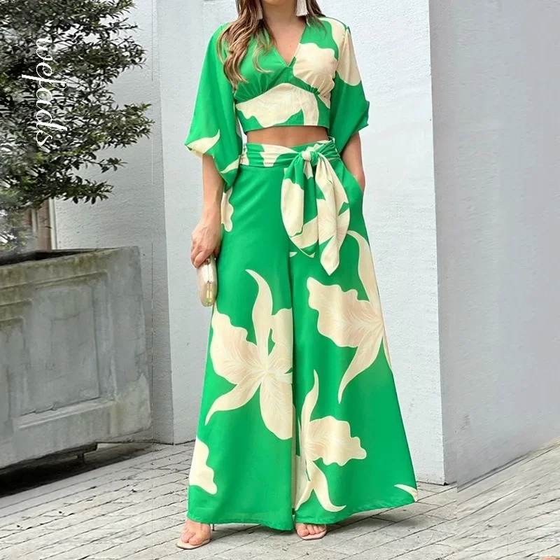 

Summer New Women Fashion Print V-neck Balloon Sleeve Cropped Shirt European American High-waisted Wide-leg Pants Two-piece Set