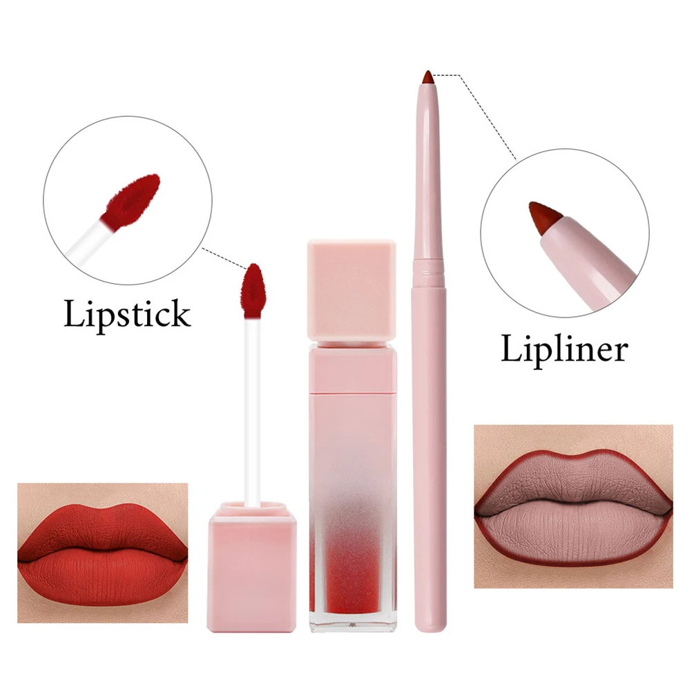 Private Label Lipstick Lipliner Kit Custom Logo Matte Waterproof Non-stick Lipgloss Lip Liner Waterproof Natural Color Makeup