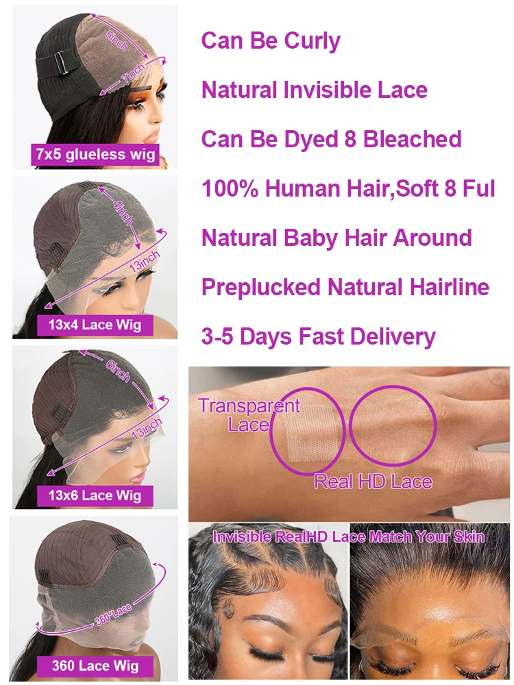 250% ارتداء والذهاب 7x5 شعر مستعار بدون صمغ شعر بشري قبل قطع جاهز للارتداء 13x6 360 Hd الدانتيل شعر مستعار أمامي شعر طبيعي مفرود الباروكات للنساء