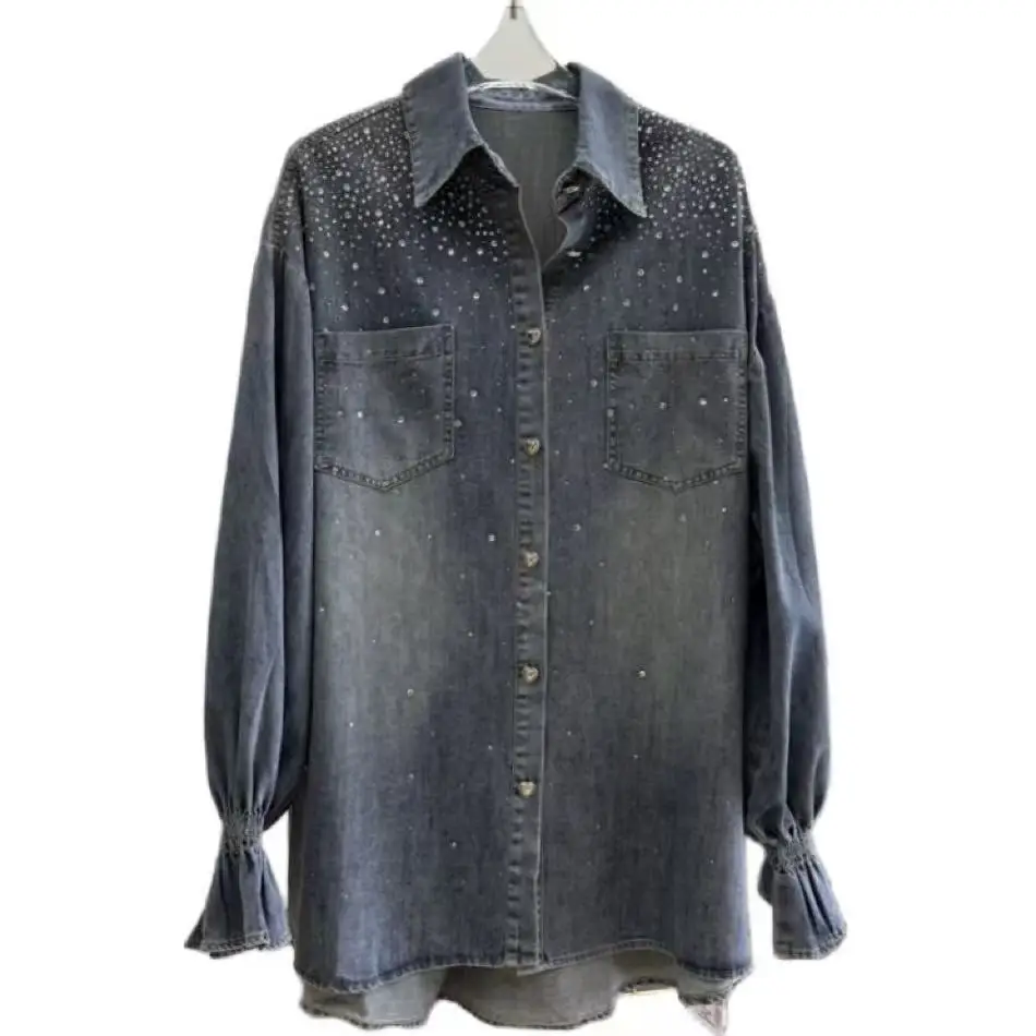 New In Autumn Sparkle Hot Drilling Denim Shirts & Blouses For Women\'s Fashion Trend Long Sleeve Blusas Woman Clothes