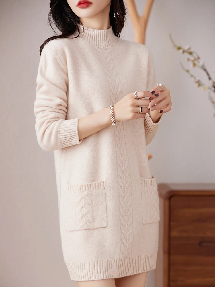 Light Luxury 100% Merino Wool Autumn Winter Women Long Sleeve Mock-neck Dress Soft Casual Cashmere Knitted Women Sweater Dress