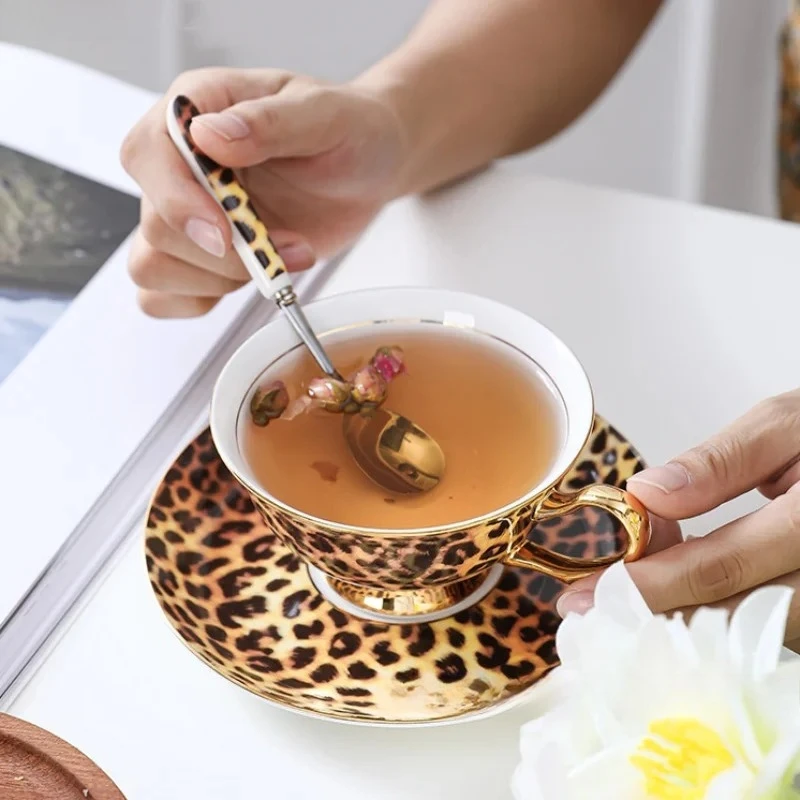 Retro Leopard Print Ceramic Coffee Cup and Dish Set Afternoon Tea Cups Breakfast Cup Water Cups Milk Mug Milk Tea Mug Teacup