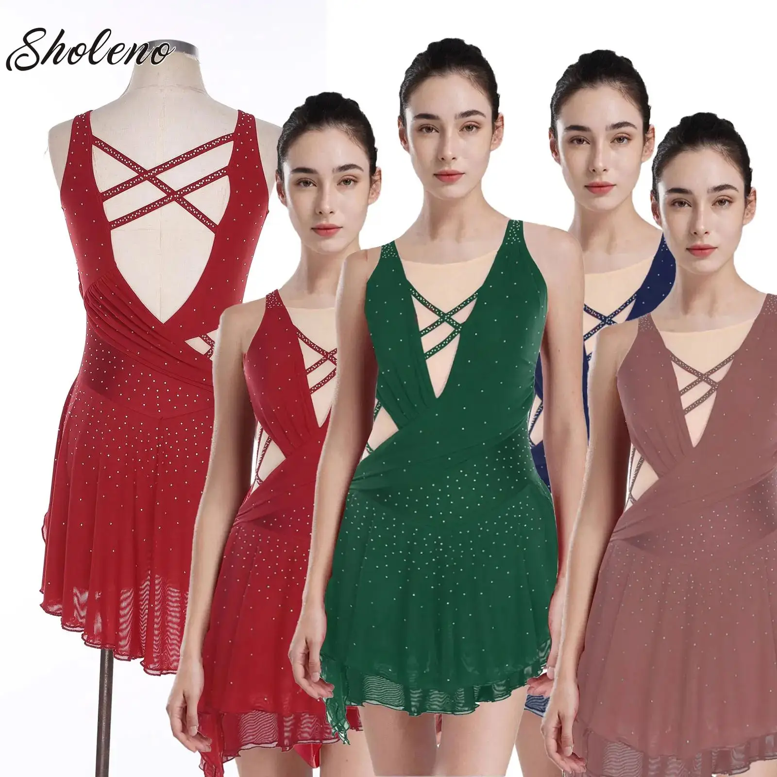 

Womens Ballet Jersey Leotard Dress Rhinestone Figure Ice Skating Dress Sleeveless Mesh Contemporary Lyrical Performance Costume
