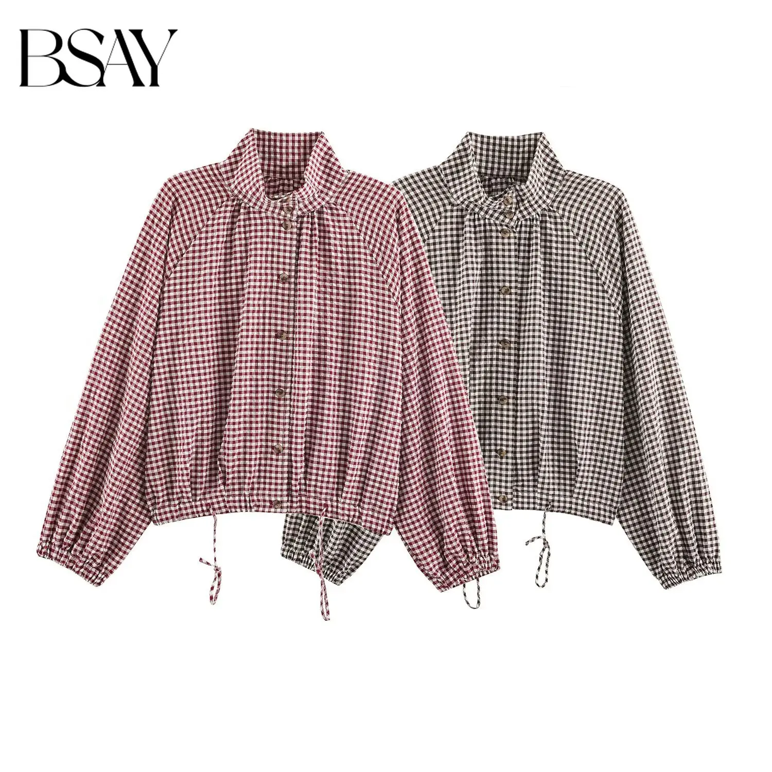 BSAY Women Vintage Gingham Plaid Cropped Jacket Stand Collar Drawstring Loose Long Sleeve Cottagecore Casual Check Outer Coat
