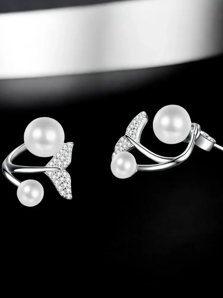 

925 silver earrings Certified Moissanite Light luxury Mermaid Tail Two Pearl Earrings for is suitable for daily wear