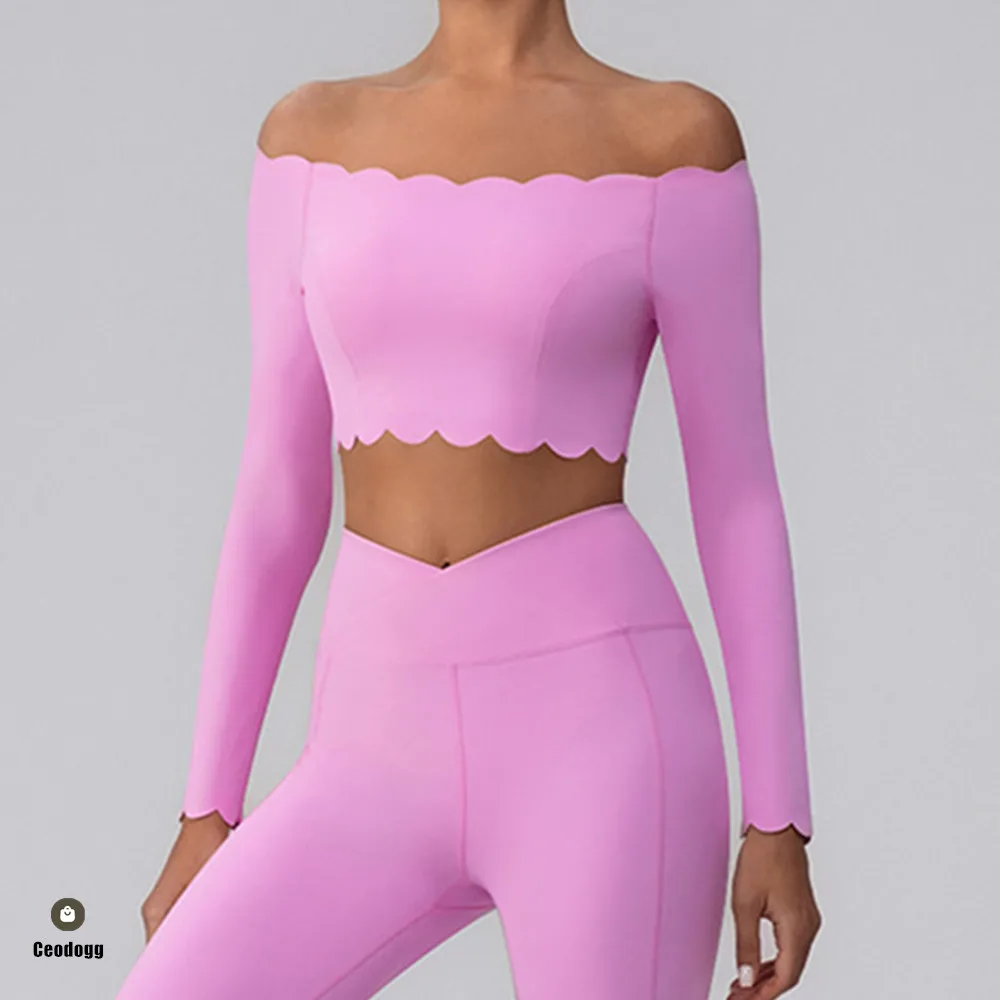 

Pad Women Yoga Shirt Off Shoulder Long Sleeve Crop Tops Gym Workout Running Shirts Quick Dry Fitness Gym Sport Active Wear XP97