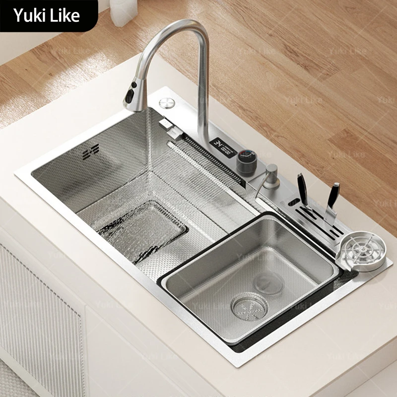 Intelligent Digital Display Waterfall Large Single Slot Stainless Steel Kitchen Sink Multifunctional Wash Dish Vegetables Basin