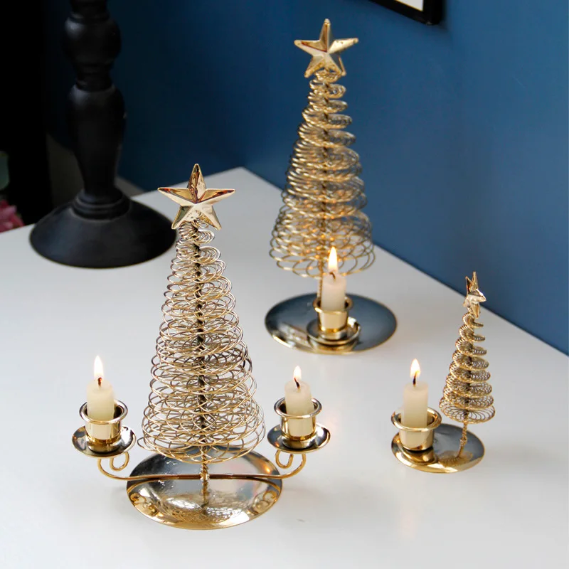 

Christmas Tree Candle Holder Metal Wire Stand Star Xmas Tree Double Candlestick Ornaments Tabletop Wedding Navidad Home Decor