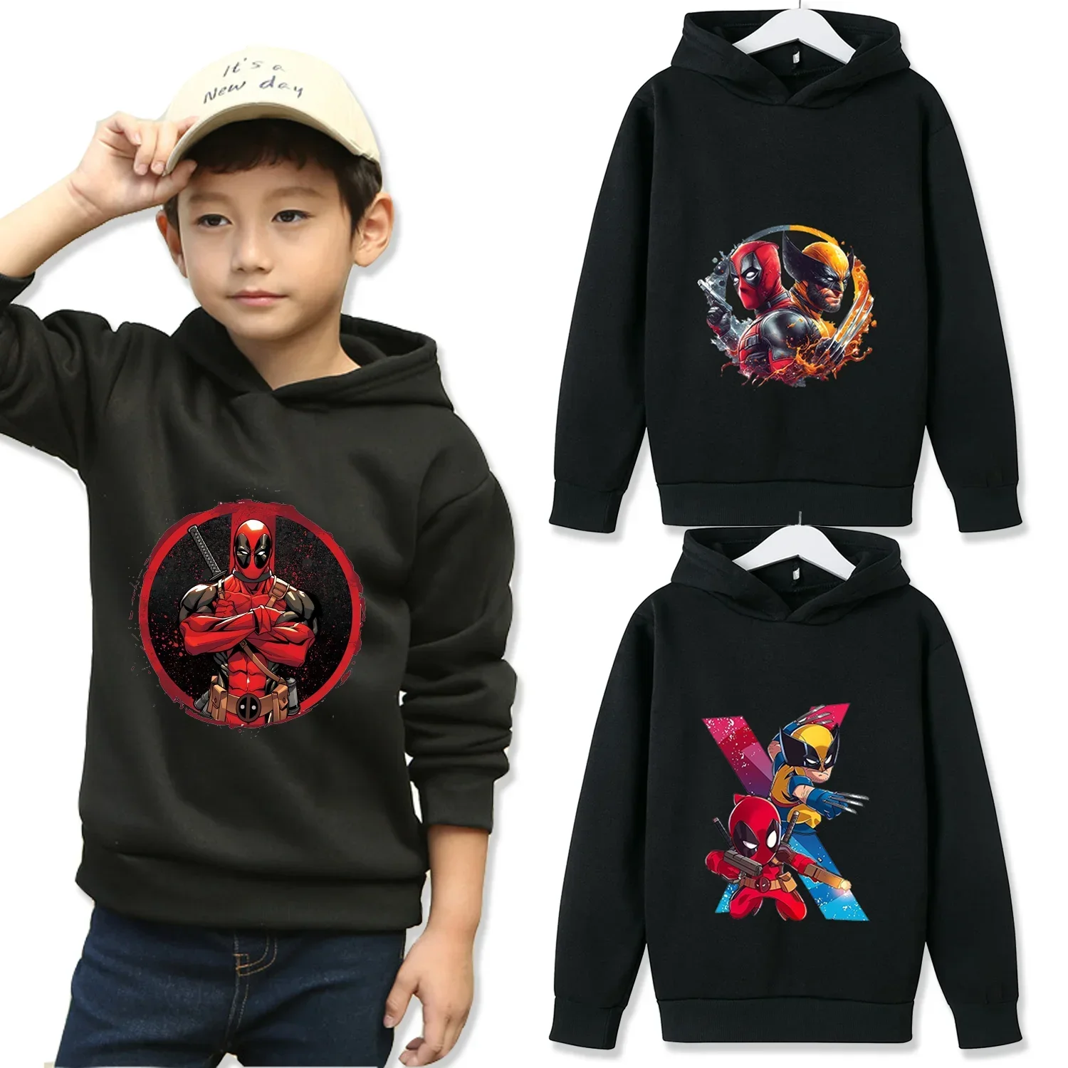 

Deadpool Wolverine Hoodie for Children Black Sweatshirt Hooded Clothes Winter Thick Tops Kids Boys Warm Clothing Birthday Gifts