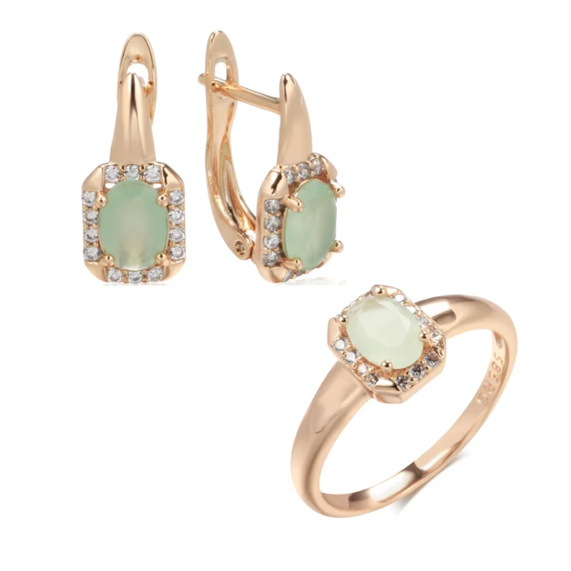 Wbmqda Luxury Elegant Green Natural Zircon Earrings Ring For Women 585 Rose Gold Color Retro Ethnic Wedding Party Jewelry Sets