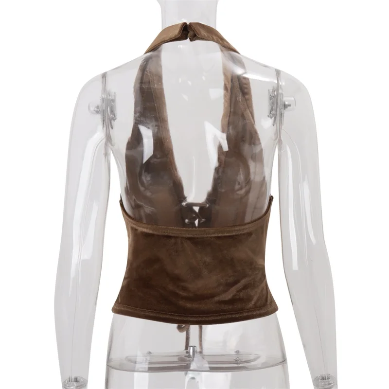 مثير زغب الرسن المرأة ضمادة سترة عارية الذراعين الخصر البنطال القصير البني والأحمر الشتاء ملابس خارجية 2025 شتاء جديد النمط الأمريكي