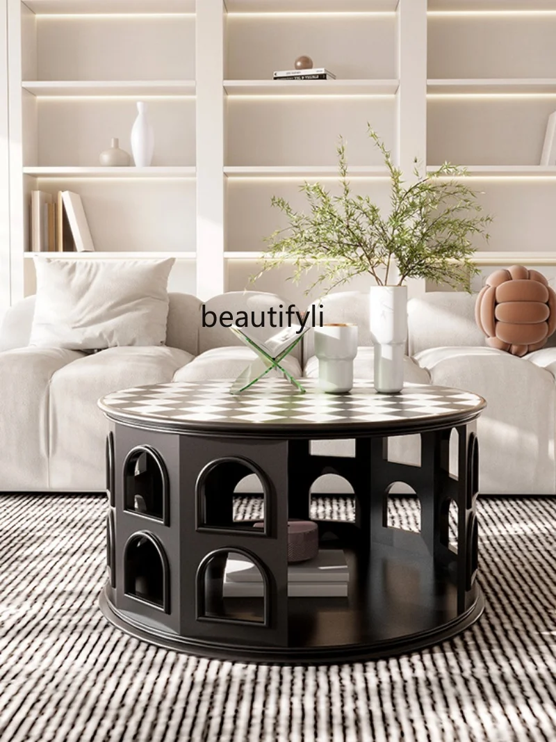 Retro Solid Wood Coffee Table Black and White Plaid Simple Tea Table French Living Room Design Small Apartment Round Table