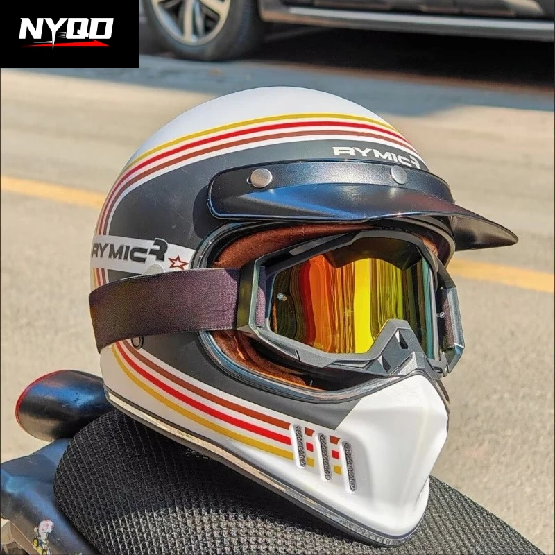 

RYMIC Vintage Motorcycle Helmet Casco Casque Moto Retro Helmets Motorbike Riding Full Face Helmet For Motocross Off-Road
