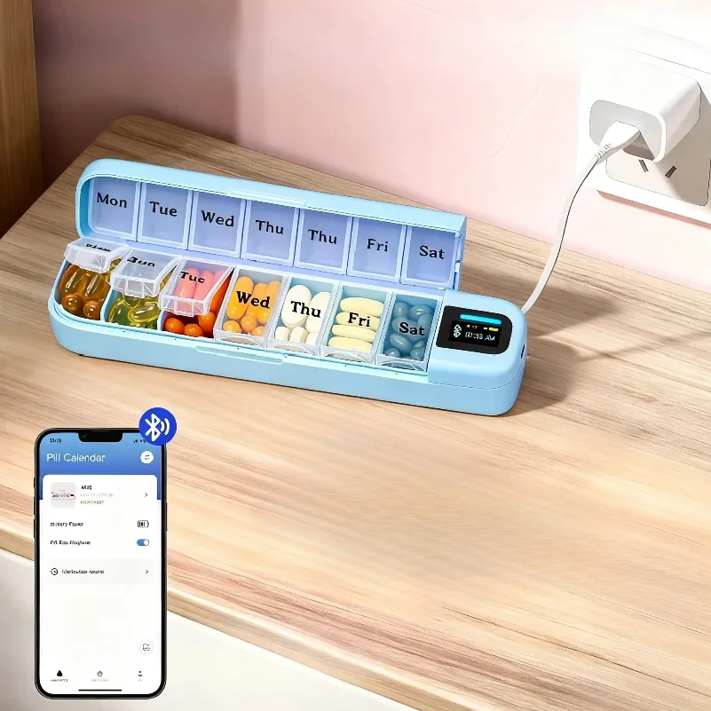 7日間スマートピルボックス-リマインダーアラーム付きbluetooth薬箱、旅行や家庭での使用に適した携帯用薬剤ディスペンサー