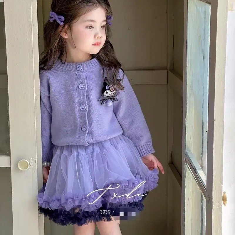 

Kawaii Sanrio Children Cute Cartoon Princess Dress Student Long Kuromi Sleeve Comfortable Sweater Cardigan Gift for Kids