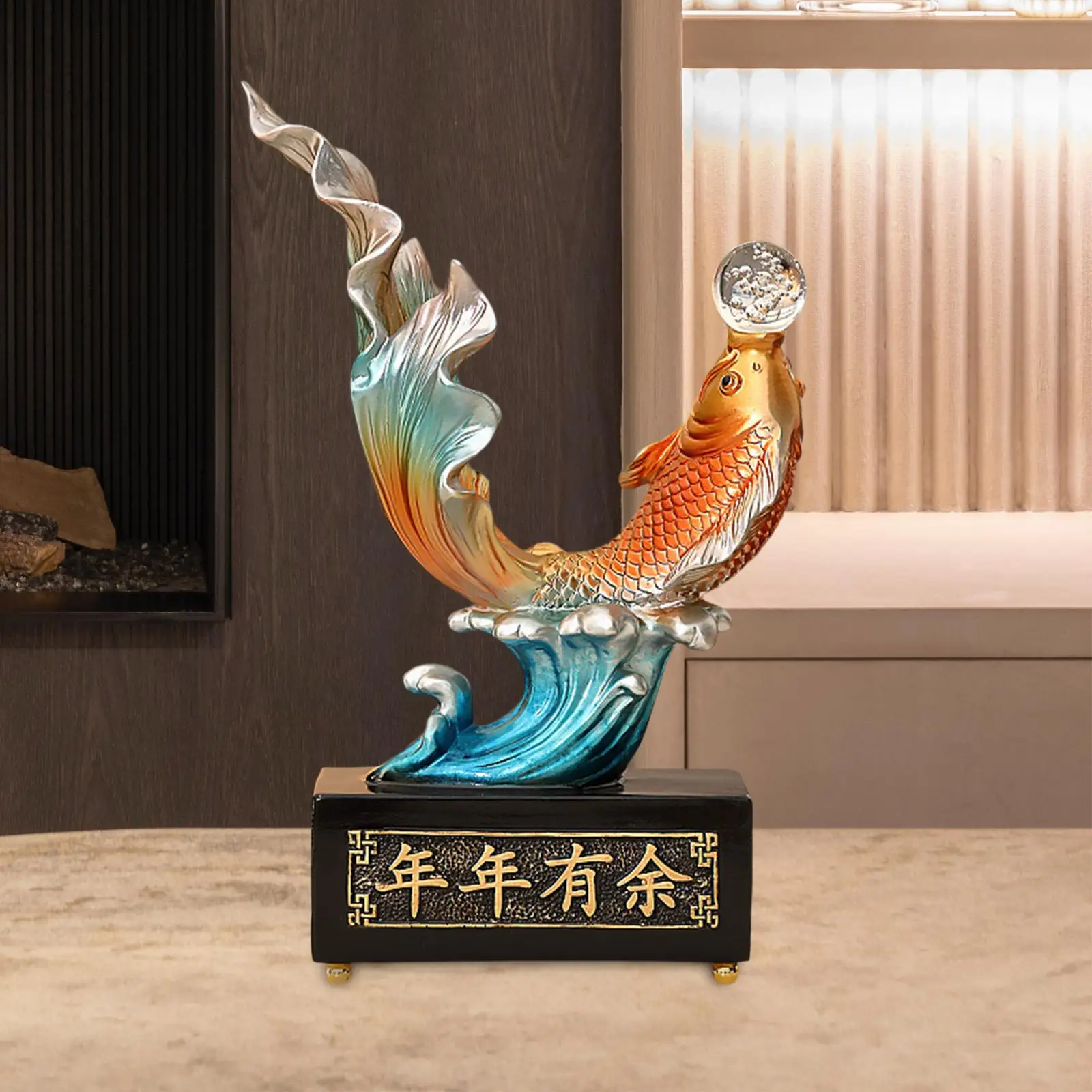 Feng Shui Carp Sculpture with Waves Creative Gift Decorative Statue for Living Room Business Opening Cabinet Shop Collection