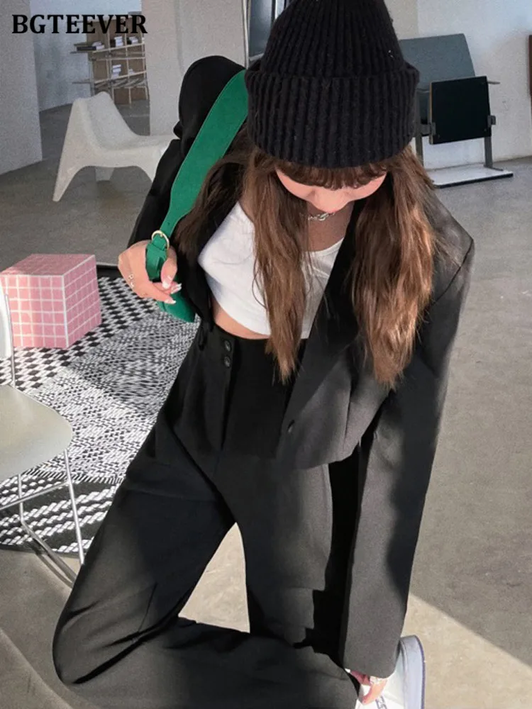 BGTEEVER Pantaloni larghi da donna alla moda 2 pezzi Set giacca a maniche lunghe con un bottone e pantaloni da tuta a gamba larga a vita alta Primavera Estate