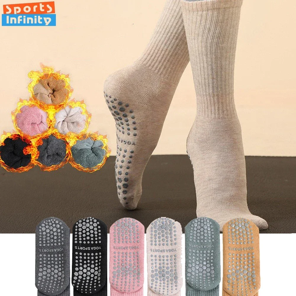 Winter Mid Tube Anti Slip Yoga Socks Women Thickened Towel Bottom Professional Pilates Socks Indoor Floor Fitness Sports Socks