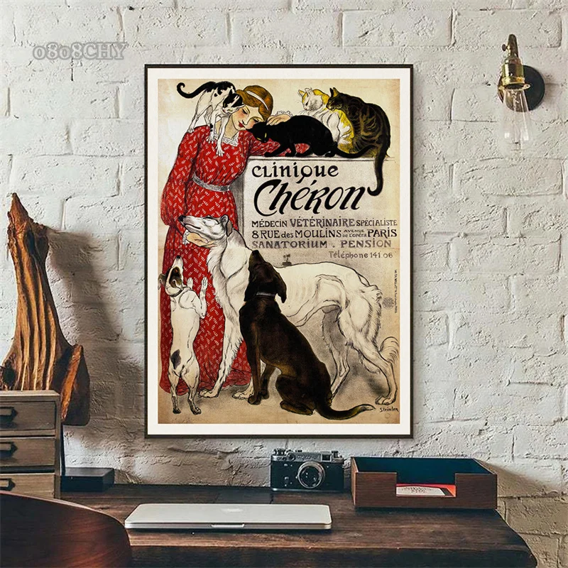 Distressed Vintage French Poster Clinique Cheron Cats & Dogs Canvas Painting Print Wall Art Pictures Théophile Steinlen Mural