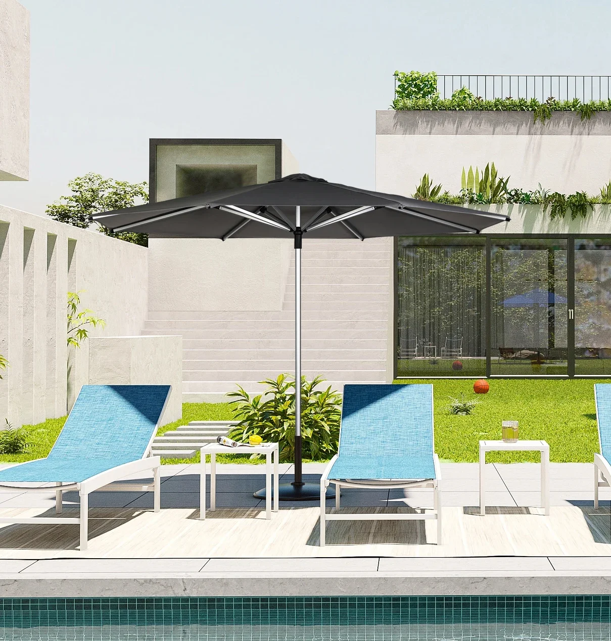 

2026 100% Aluminum Hand Push Garden Parasol Sun UV Protection Mid Pole Umbrella Modern Design Foldable Water Resistant Patio Umb