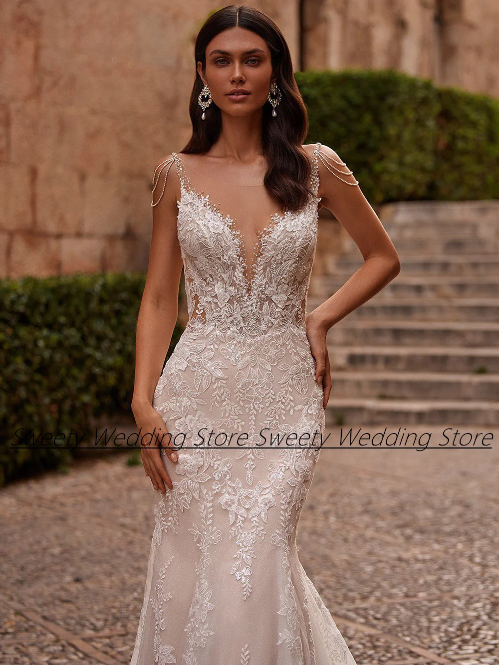 Robe de mariée en dentelle à paillettes de luxe, appliques à encolure dégagée, train de balayage, dos ouvert, champagne, patients sirène, perles, mariage personnalisé