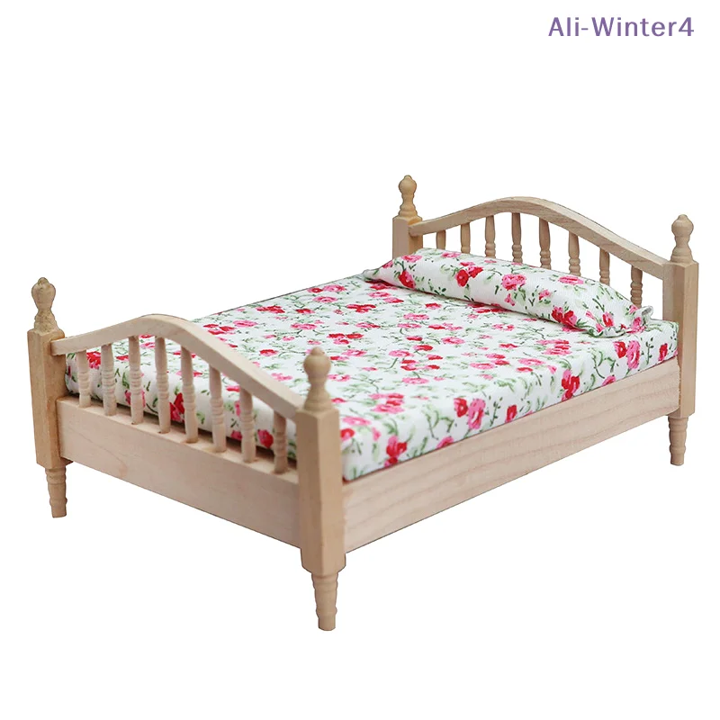 

{Summer2} 1:12 Dollhouse Miniature Small Flowers Bed Toy Mini Furniture Bedroom Doll House Wooden Bed DIY Decoration