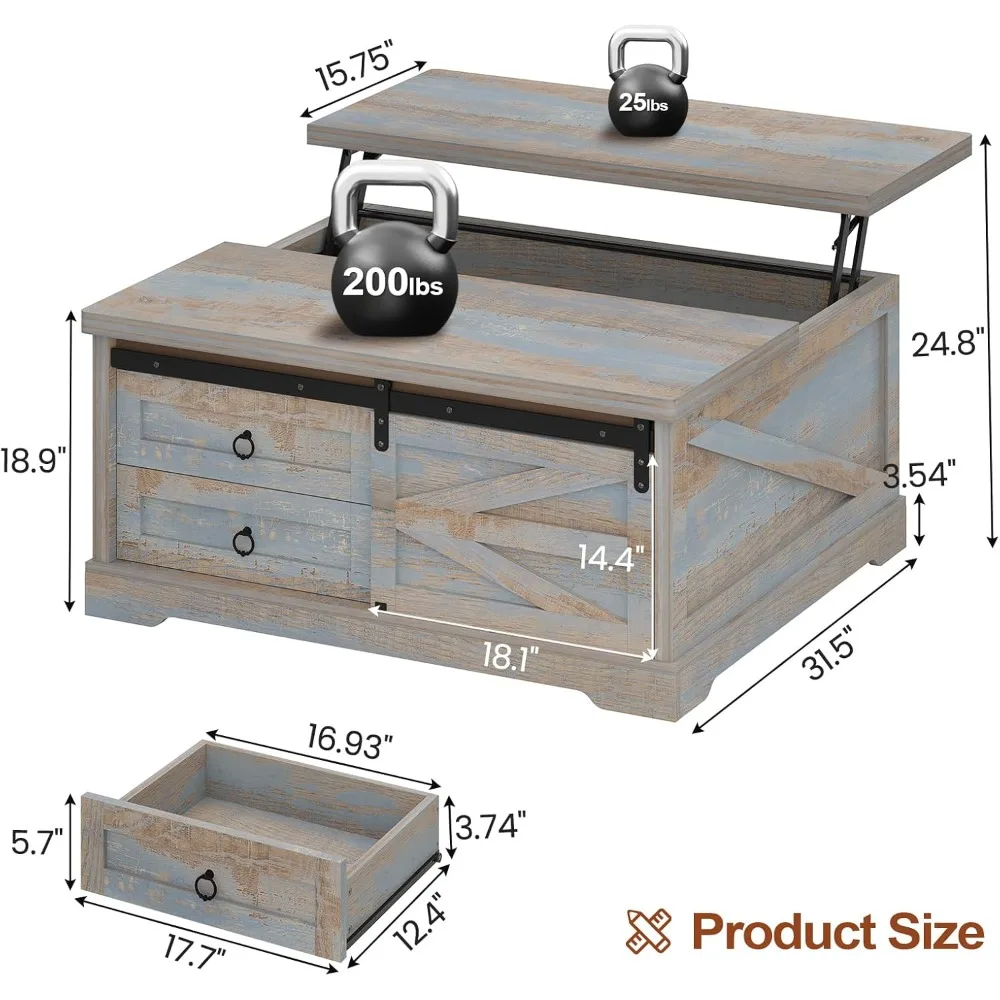 Meja Kopi Lipat 39,4'' dengan Penyimpanan, Meja Kopi Gaya Farmhouse untuk Ruang Tamu, Meja Kopi Persegi dengan Penyimpanan Besar