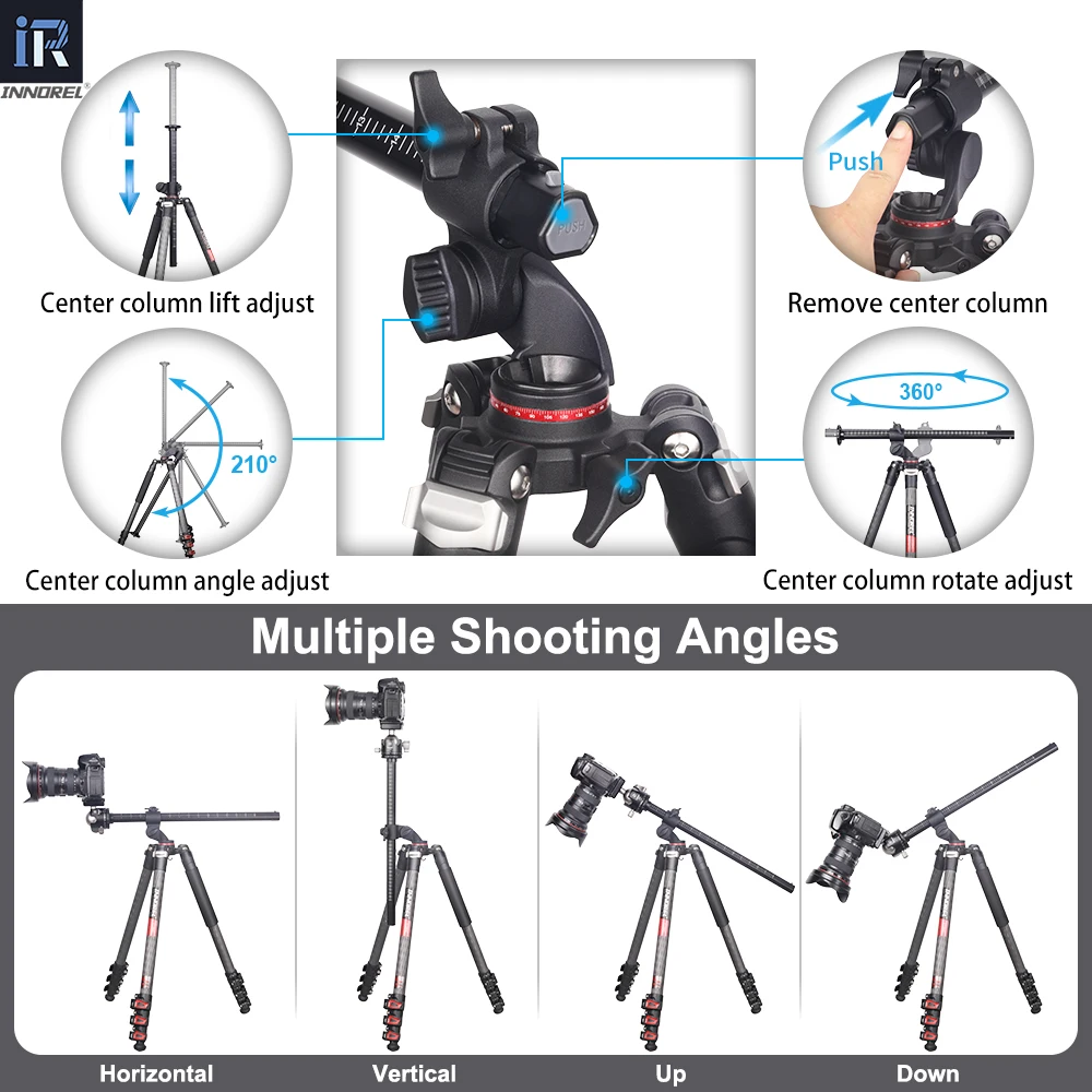 Carbon Fiber Horizontal Tripod INNOREL YT284C, Professional Camera Monopod for DSLR Video Camcorder Overhead Shooting Load 20kg