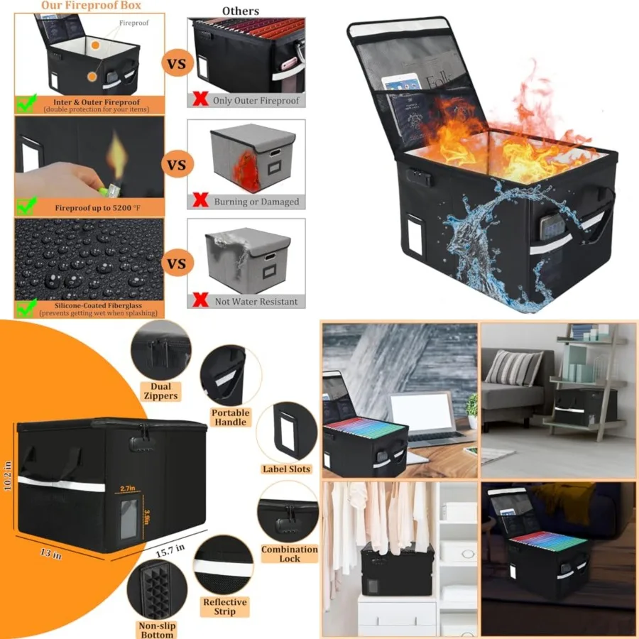 

File Box with Lock 5200°F with Heat Insulated, Fireproof Box File Storage Organizer Anti-Static, Collapsible Fireproof Document