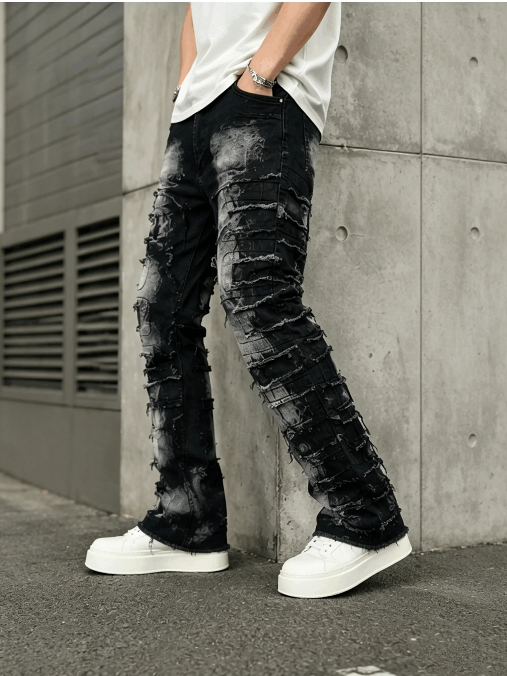 Men Stretch Vintage Tie-Dye Baggy Bootcut Denim Jeans For Man Layered Patch Fringe Micro Flare Streetwear Casual Straight Pants
