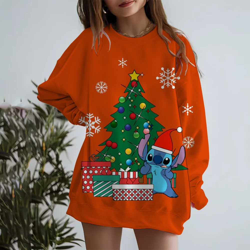 Christmas Disney Stitch Hoodie Long Sleeve Round Neck T-shirt Autumn/Winter Basic Hoodie Women's Knitted Checkered Sleeve Sports