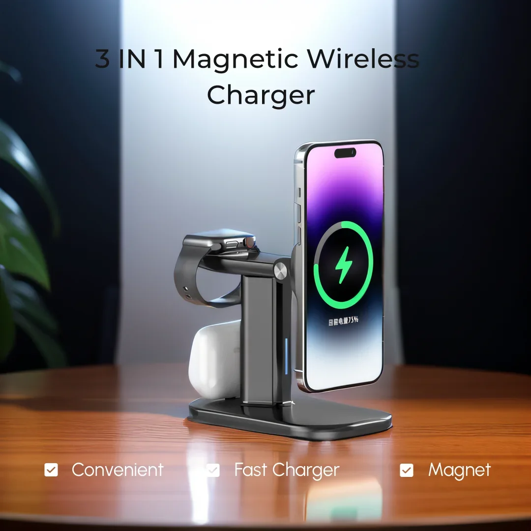 

HaaYot Fast Magnetic Wireless Charging Station for iPhone 15/14/13/12 Pro Max 3 in 1 Mag-Safe Charger Stand for Watch Airpods